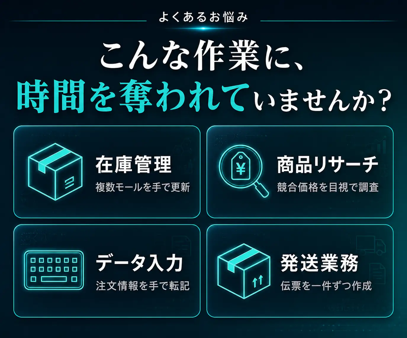 こんな作業に、時間を奪われていませんか?|在庫管理・商品リサーチ・データ入力・発送業務の4アイコン