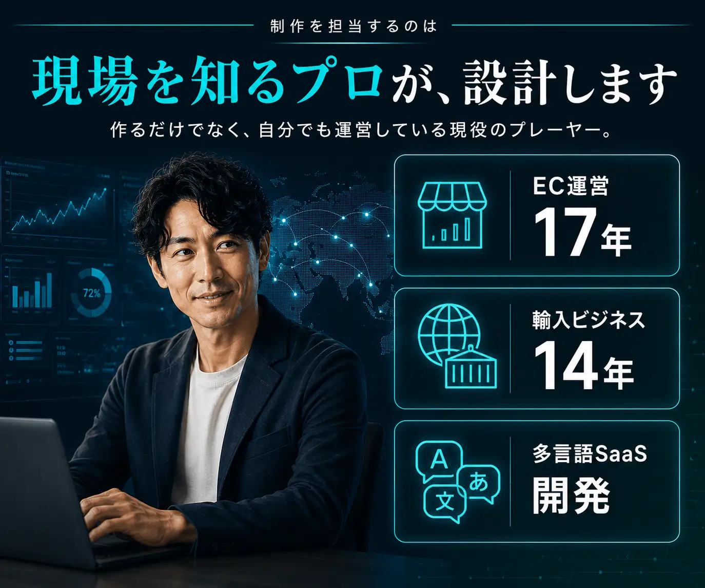 現場を知るプロが、設計します|男性の写真と、EC運営17年などの実績