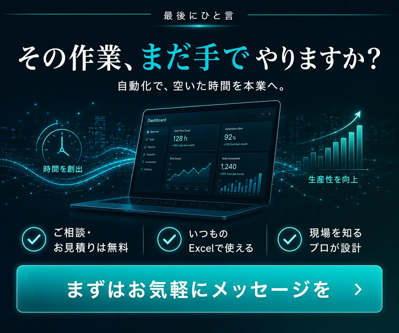 その作業、まだ手でやりますか?|ダッシュボード画面と棒グラフ、ボタン