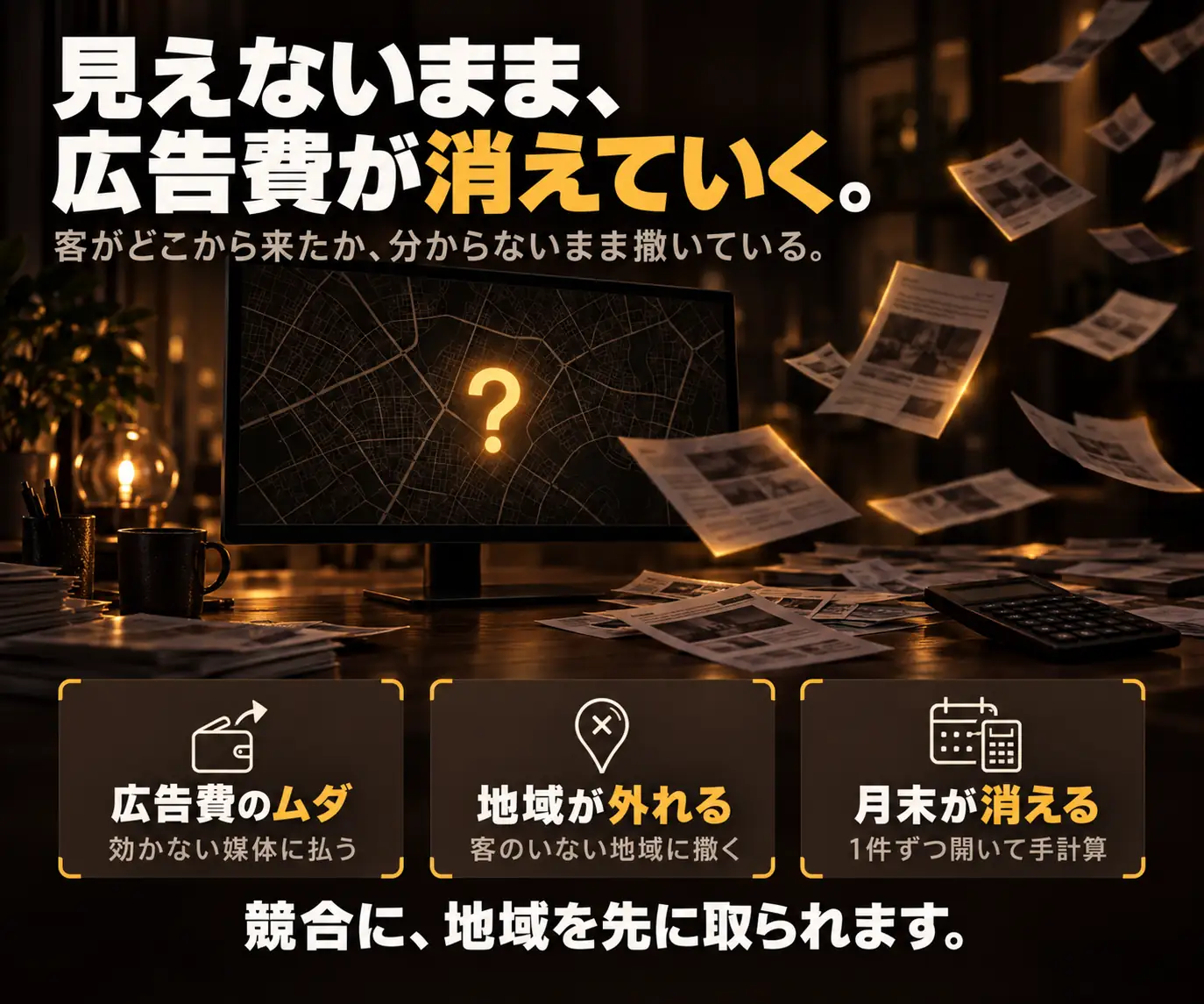見えないまま、広告費が消えていく|書類が舞うデスクと、疑問符が表示されたモニター