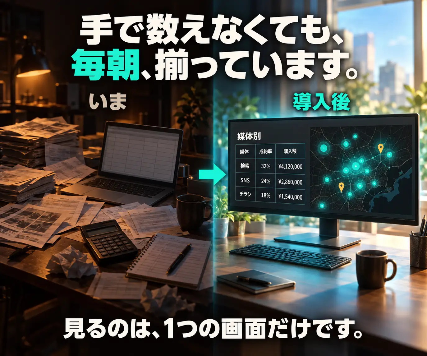 手で数えなくても、毎朝、揃っています|散らかったデスクから整理された分析画面へ変わる前後の比較