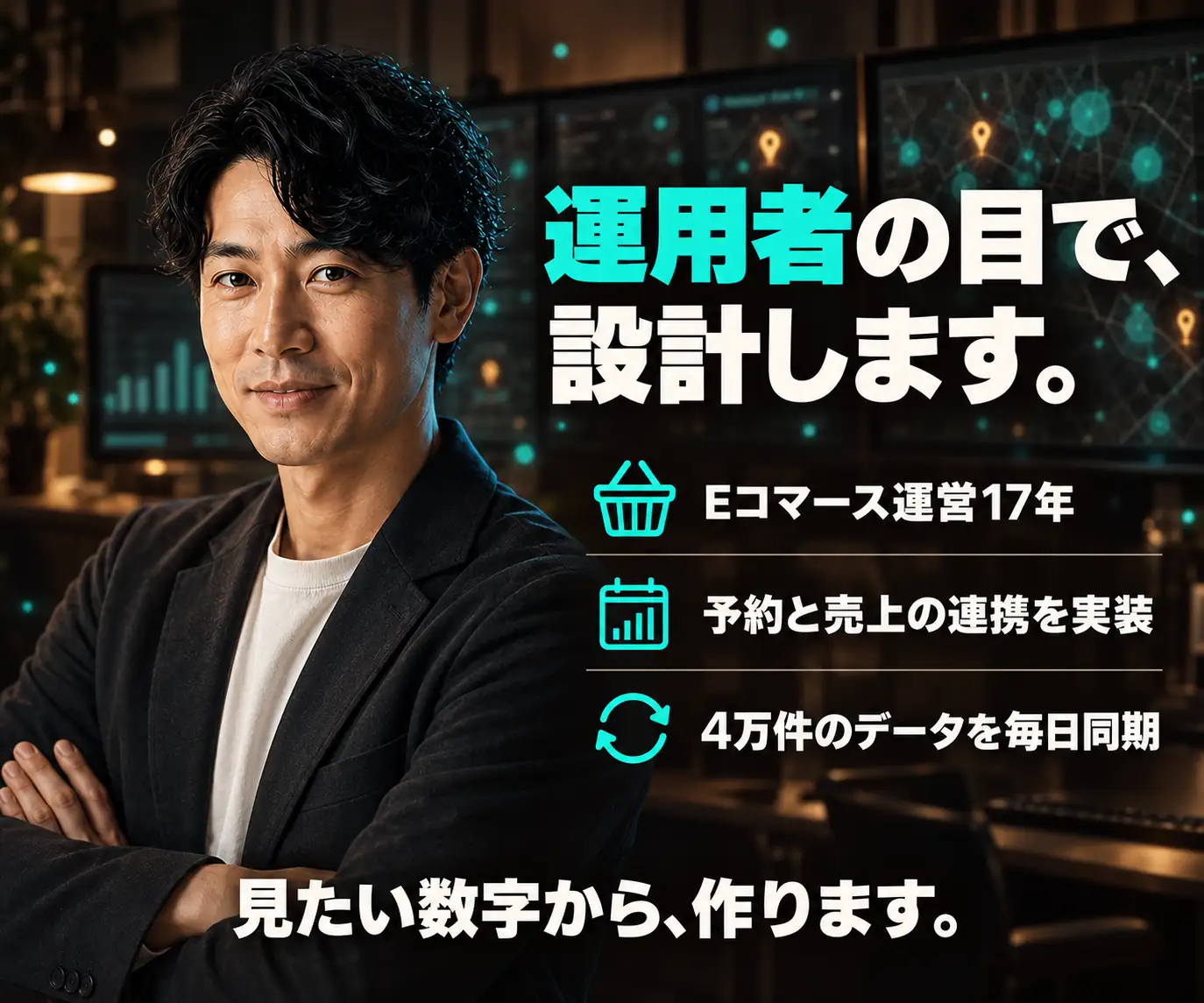 運用者の目で、設計します|男性の写真と、実績のチェックリスト