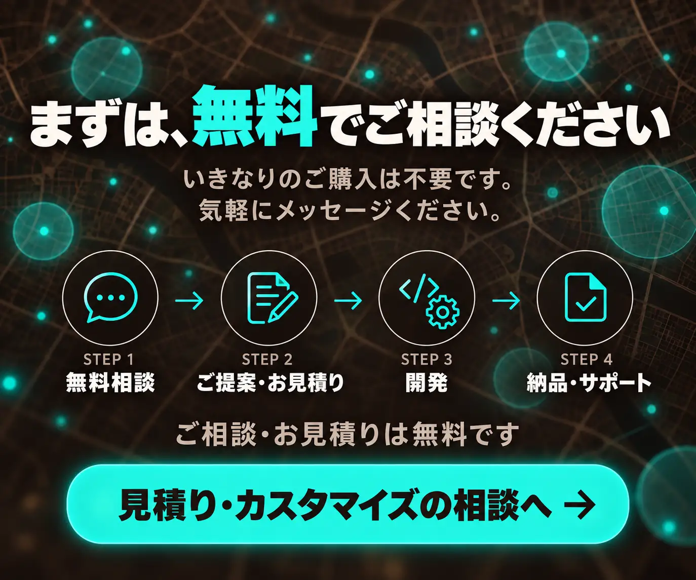 まずは、無料でご相談ください|相談から納品までの4ステップとボタン