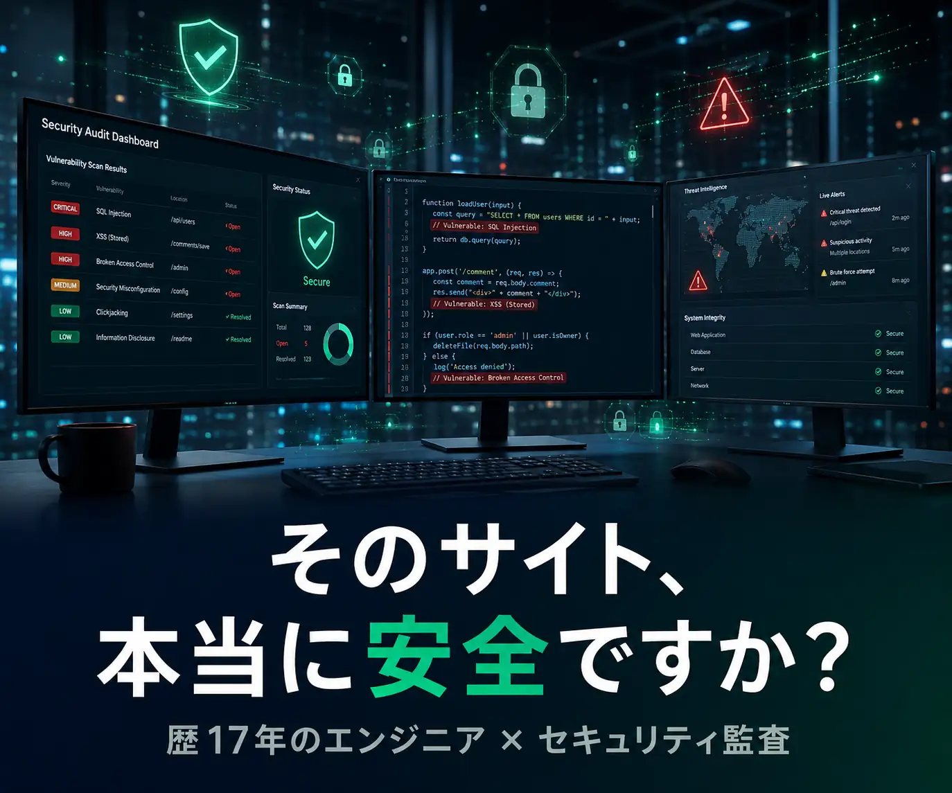 ウェブセキュリティ診断・対策|そのサイト、本当に安全ですか?(セキュリティのダッシュボードと鍵のアイコンを表示した複数のモニター)
