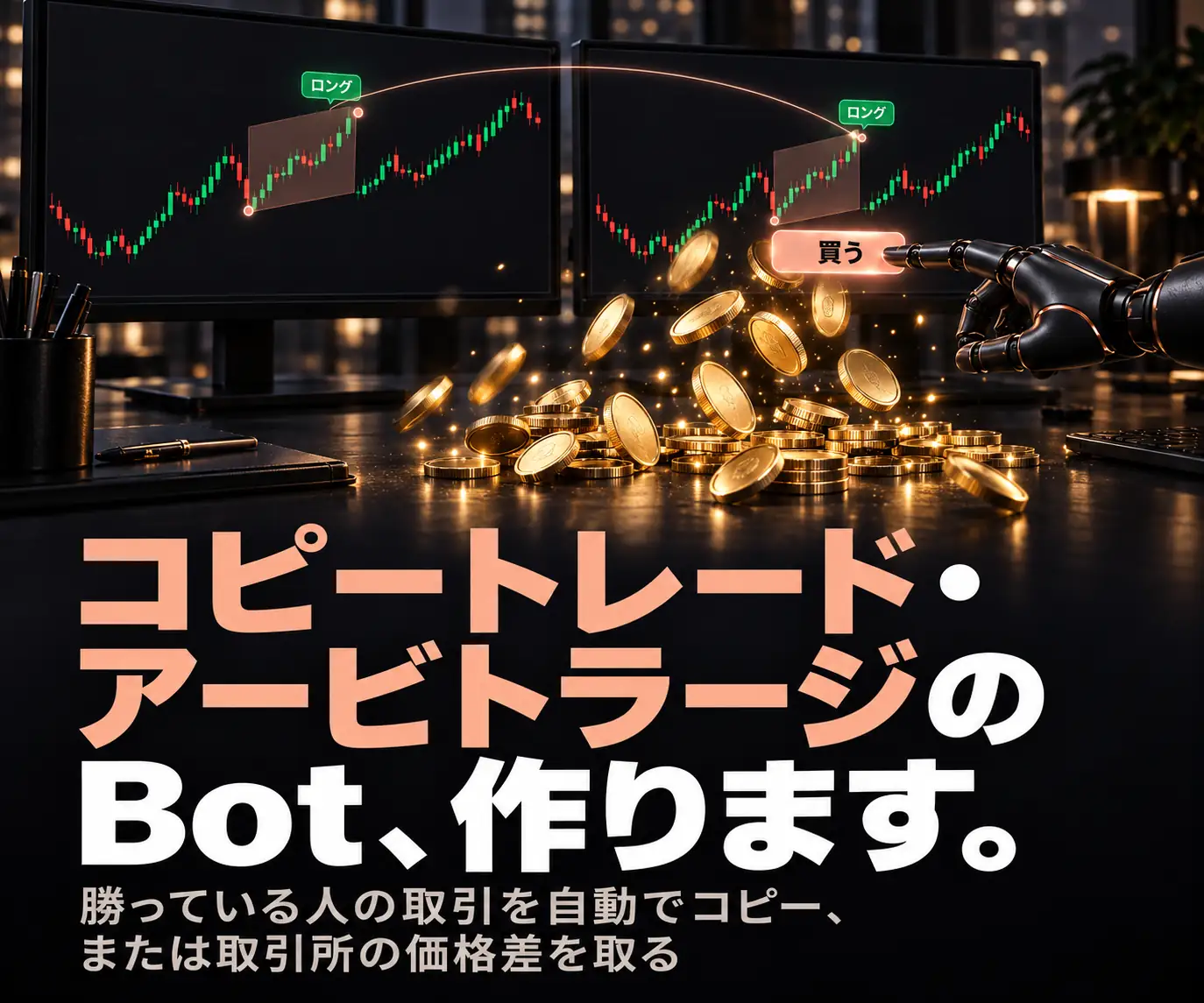 自動フォロー売買・価格差取得Botの構築｜コピートレード・アービトラージのBot、作ります（チャートを表示した複数のモニターと、ロボットの手と金貨）