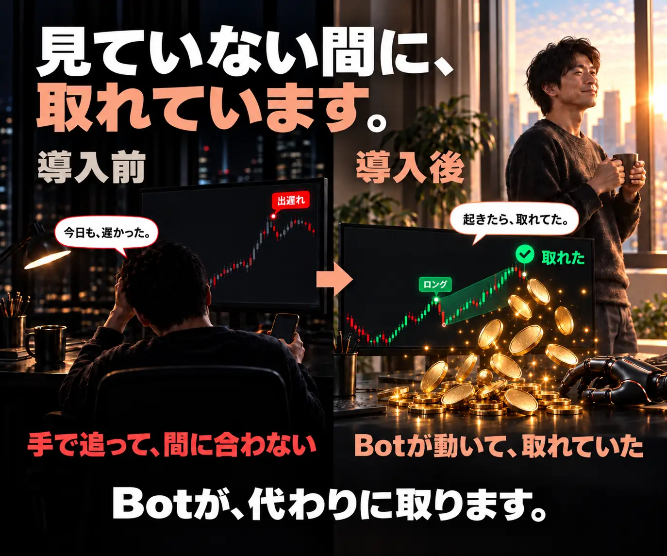 見ていない間に、取れています｜頭を抱える男性からコーヒーを持つ男性へ変わる導入前後の比較