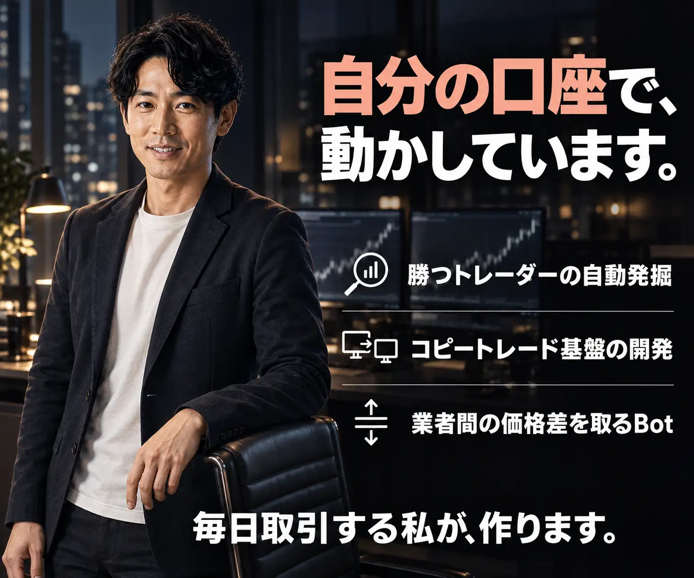 自分の口座で、動かしています｜男性の写真と、実績のチェックリスト