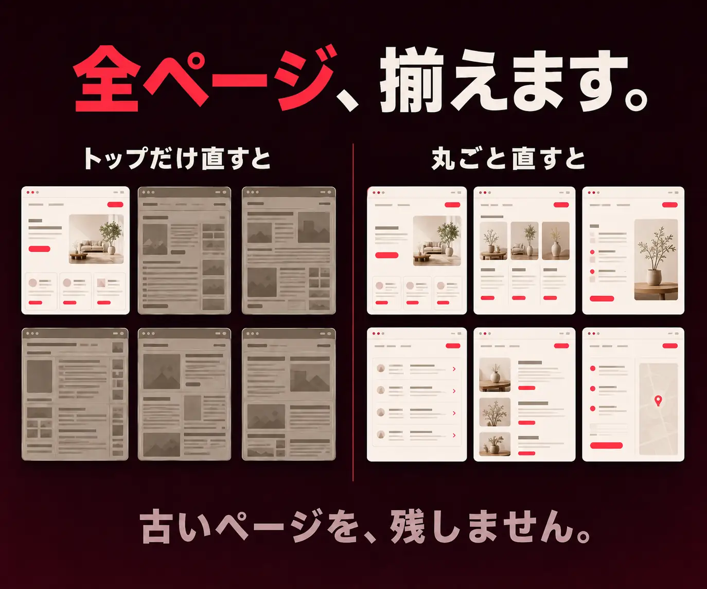 全ページ、揃えます|トップだけ直す場合と丸ごと直す場合のスマホ画面の比較