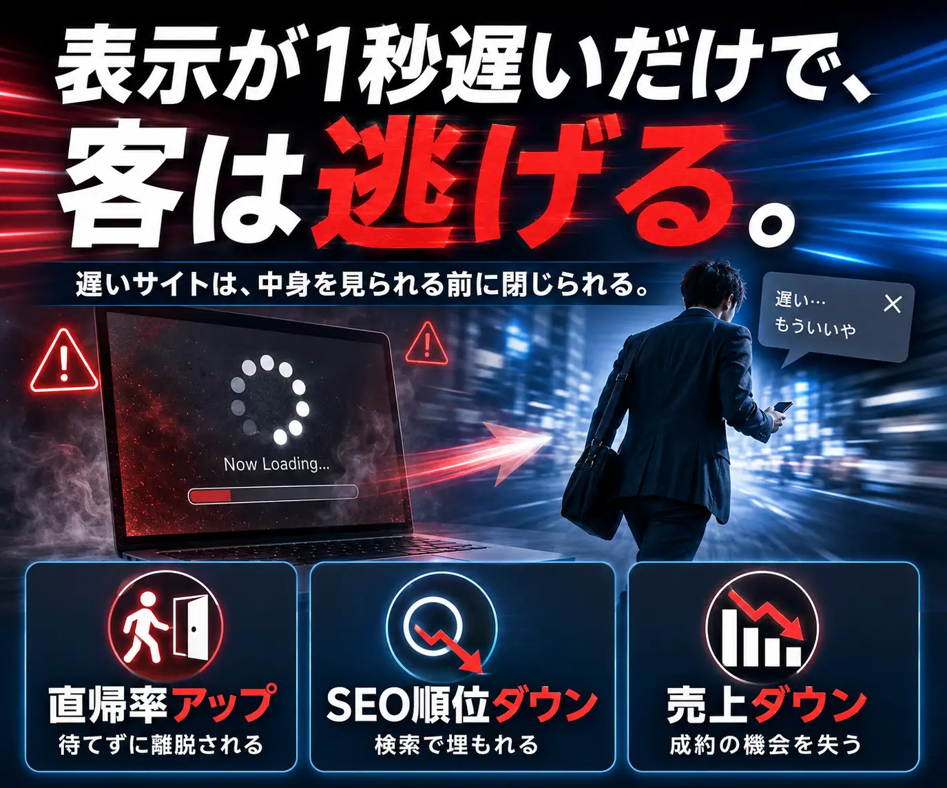 表示が1秒遅いだけで、客は逃げる|去っていくビジネスマンと読み込み中の画面、直帰率・SEO順位・売上の3アイコン