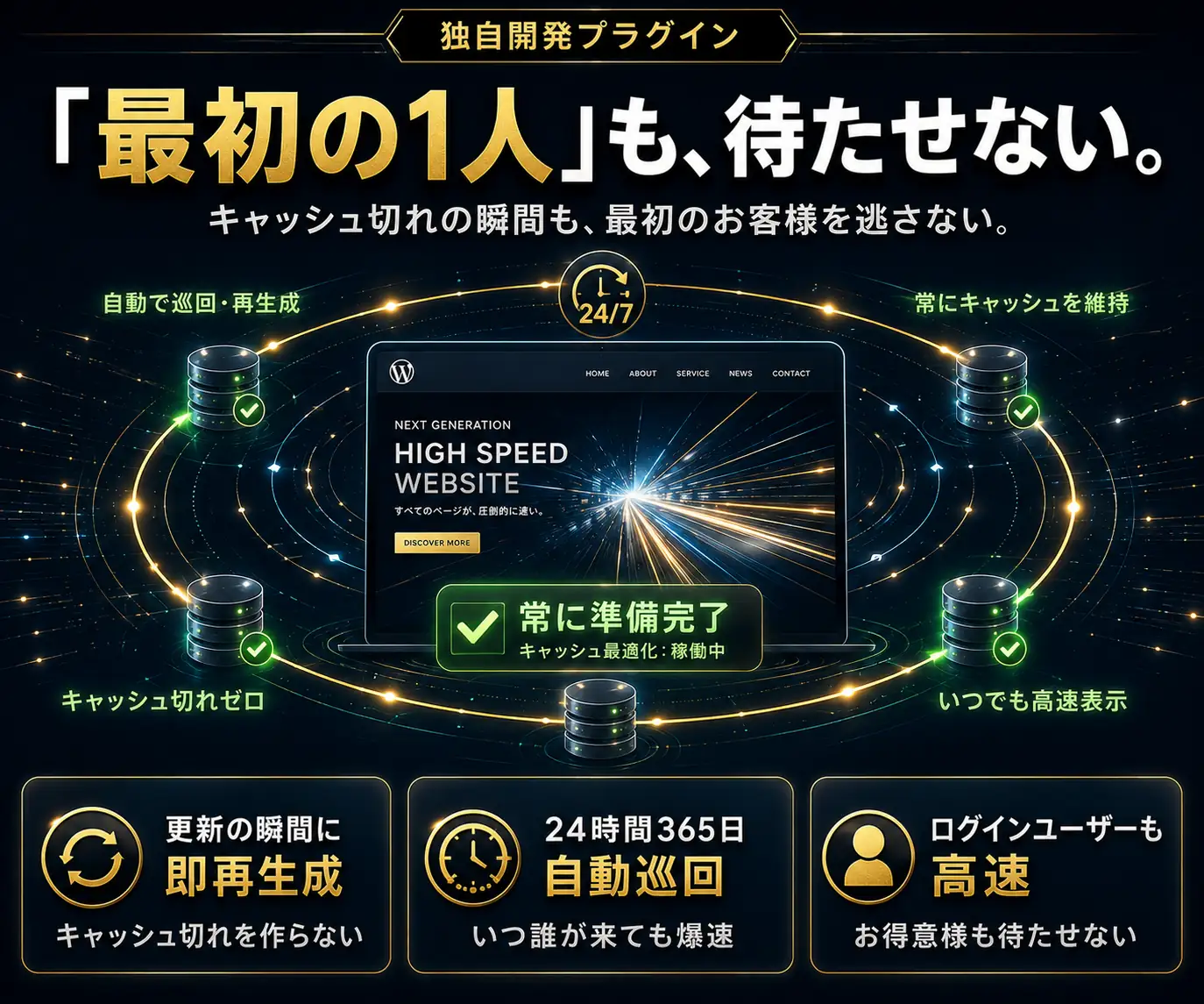 「最初の1人」も、待たせない|キャッシュの自動巡回と再生成を表す循環図とサーバーのアイコン