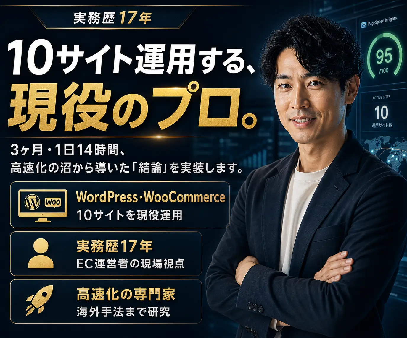 10サイト運用する、現役のプロ|スーツの男性と 95 点のスコア、実務歴17年など3項目